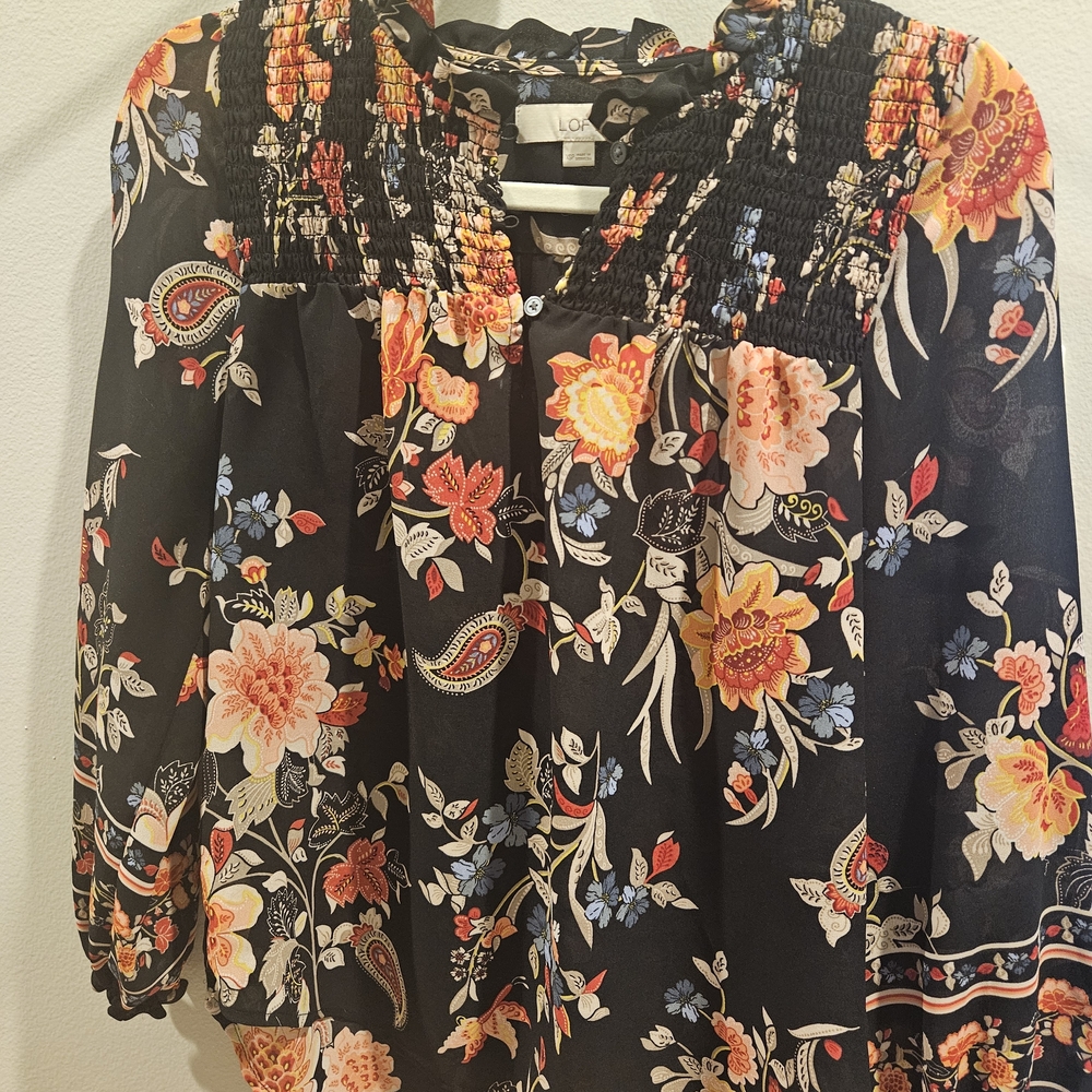 LOFT Black Floral Smocked Yoke Blouse with Peach and Blue Flowers